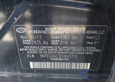 2014 Hyundai Sonata Se z USA, uszkodzony, nr VIN 5NPEC4AC3EH843715